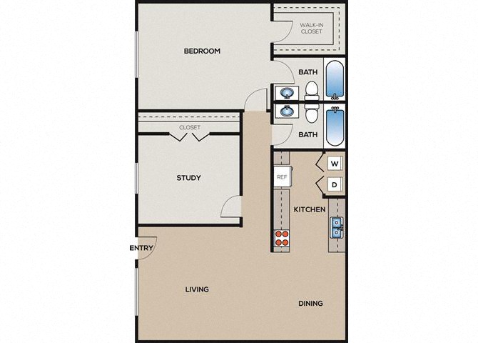 Floor plan for 2 beds, 2 baths, 983 sqft